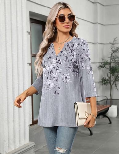 Zeagoo Womens 3/4 Length Sleeve Tops V Neck Tunic Casual Dressy Blouse Floral Printed T Shirts4