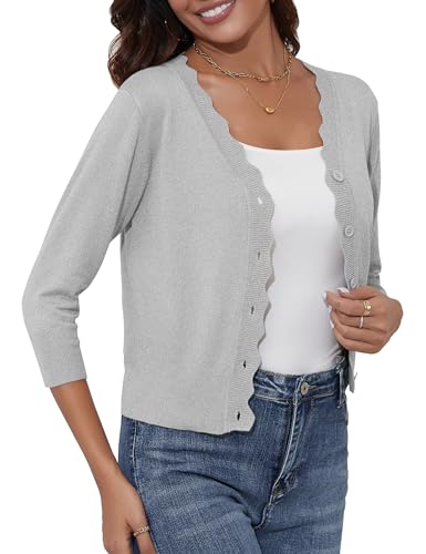 Image of Women's Cropped Cardigans 3 /4 Sleeve Button Down Lightweight Cardigan Sweaters Scalloped Edged Bolero Shrugs