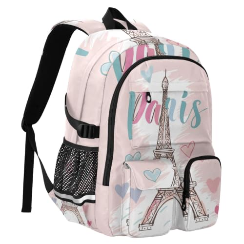 Mochila grande escolar que evita dolor de espalda Torre Eiffel melocotón para viaje 2