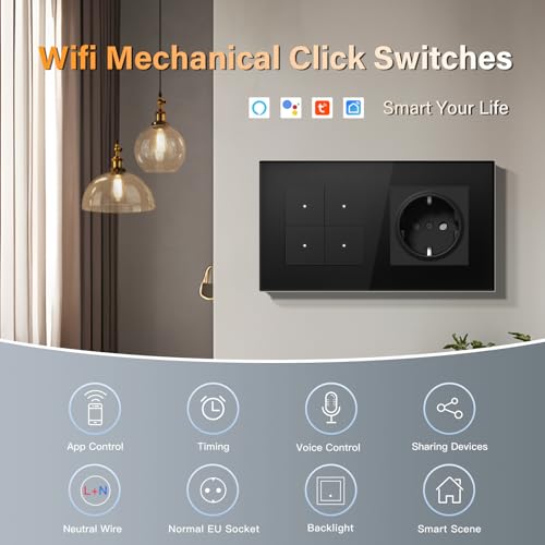 BSEED Steckdose mit Lichtschalter Unterputz 4 Fach 1 Weg WIFI Smart Lichtschalter (Neutralleiter Erforderlich), Compatibel mit Alexa/Google Home，157mm，Schwarz