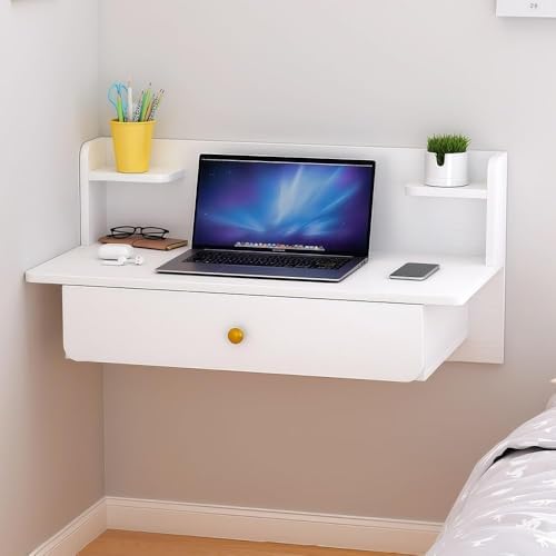 Natural Wood Wall Mounted Nightstand with Drawer - Floating Bedside Table & Multipurpose Hanging Computer Desk for Bedroom, Living Room (60 cm)