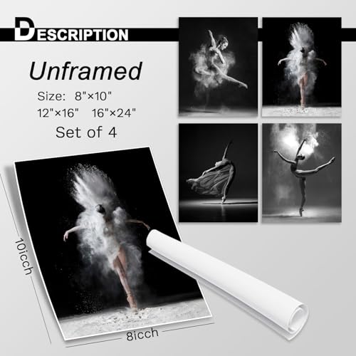 Image of NCYEL 4Pcs Black and White Ballet Wall Art Girl Dancing Canvas Prints Elegant Dance Wall Decor Poster Modern Gallery Style Prints Living Room Bedroom Pictures 8x10 Inch Unframed