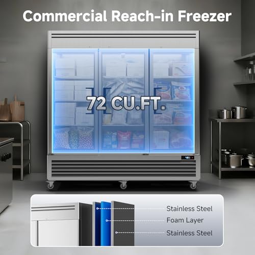 Image of Coolake 82 inch Commercial Reach-in Freezer 3 Solid Doors, 72 Cu.ft Stainless Steel Fan Cooling Upright Freezer 12 Adjustable Shelves, Commercial Freezer for Restaurant Kitchen Grocery Store Prep Area
