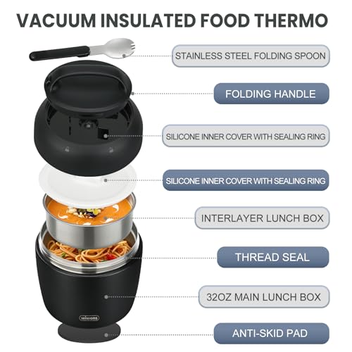 Image of wiwens Thermo Food Jar for Hot Food Adults 32OZ Soup Thermo Lunch Containers Wide Mouth Vacuum Insulated Stainless Steel Leakproof Bento Box with Spoon