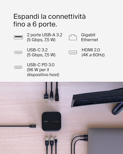 Connect Core Dock 6 in 1 GaN USB-C, 130 W, 96 W di PD per le periferiche e porte USB-C, USB-A, Gigabit Ethernet e HDMI 4K, docking station per console di gioco, MacBook, laptop PC e Chromebook - Hub USB - Immagine 1