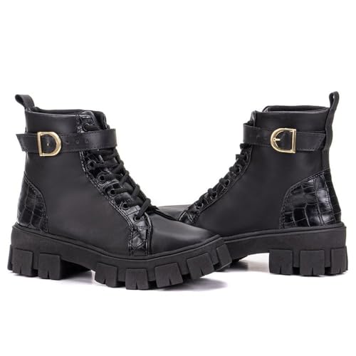 Coturno Feminino Com Fivela Solado Tratorado Blogueira Moda GuGi 215-GG (Preto,37)