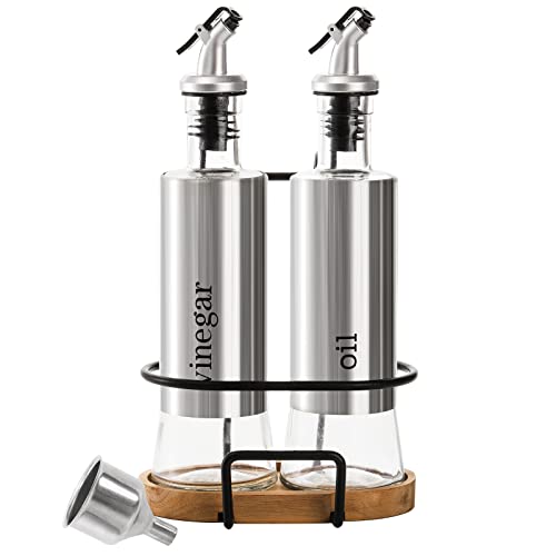 Tebery 2 Pack Olive Oil and Vinegar Bottle Set with Rack and Wooden Base, 10OZ Olive Dispenser Glass Cooking Oil Cruet Bottles with Pourers and Funnel for Kitchen