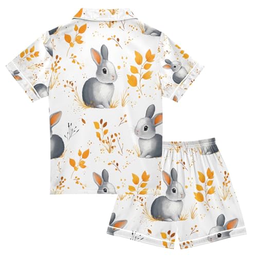 senya Grey Rabbit Leaves Satin Summer Pajama Sets Silk Short Sleeve Button Down Sleepwear2