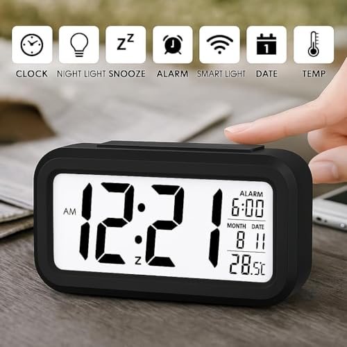 Image of HNY Digital Alarm Clock with Automatic Sensor, Date & Temperature Display, Compact LED Desk Table Clock for Students, Bedroom, Office, Living Room, Home Decor