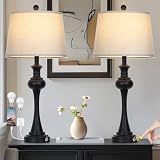 28.75 ' 3-Way Touch Control Modern Table Lamp Set of 2 for Living Room , Bedside Lamp with USB A+C Ports, Mid Century Black Table Lamps, Nightstand Lamps Set ,Beige Fabric Shade Vintage Accent Style