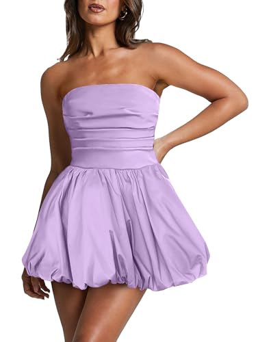 Image of Women's Strapless Bubble Mini Dress Tube Top Ruched Bow Tie Back Party Cocktail Dresses