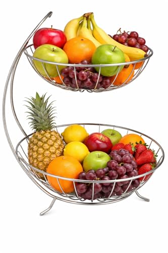 DUNEKART Premium 2-Tier Steel Fruit and Vegetable Basket Kitchen and Dining Table Organizer | Multipurpose Onion and Fruit Bowl Stand | Silver