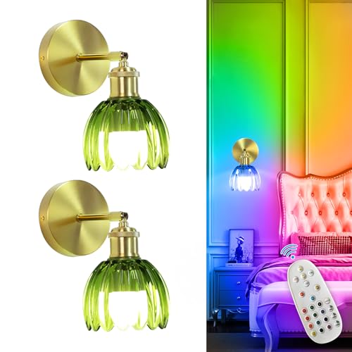 Image of Depuley Battery Operated Wall Sconce: Set of 2 Wireless Wall Lights with Tulip Glass Lampshade for Bedroom - Rechargeable 15 Colors Gold Wall Lamp for Living Room Doorway Home Decor - Green