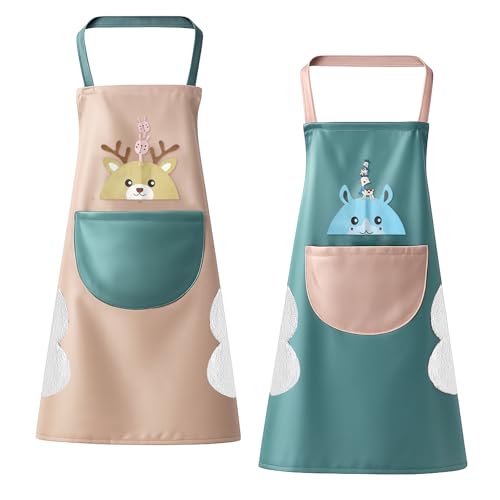 APOMOONS 2 Unidades Mandiles de Cocina Unisex con Bolsa y Paño de Limpieza, Impermeable Delantal Cocina Mujer, Delantales para Restaurante, Hornear, Jardinería, Azul Rosa