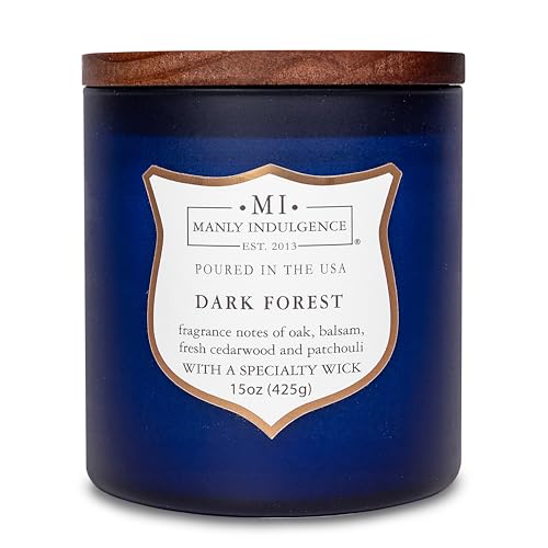 Manly Indulgence Dark Forest Scented Jar Candle for Men, Wood Wicked Candle, 15 oz - Oak, Balsam, Fresh Cedarwood & Patchouli - Up to 60 Hours Burn, Soy Blend Wax, USA Poured, Navy Blue