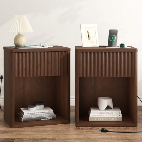 Image of Fluted Nightstands Set of 2 w /Charging Station, Wooden End Table Bed Side Table with Curved Drawer, Mid Century Modern Fluted Night Stand with Rounded Edge for Bedroom, Living Room Sofa, Walnut