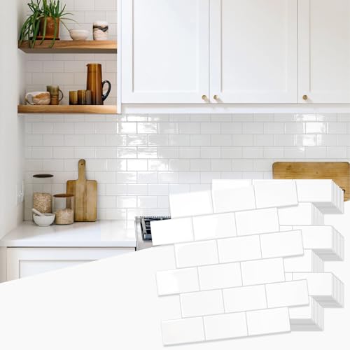 STICKGOO Subway Tile Peel and Stick Backsplash, Thicker Design 12' x 12' Stick on Backsplash Tiles for Kitchen, Bathroom, Wall Tile (10 Sheets, Bright Glossy White)
