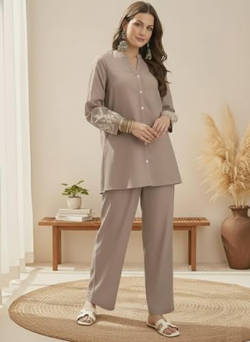Image of SMOWKLY Women's Embroidered Kurta Set with Pants | Elegant Button-Down Tunic Top with Floral Sleeve Detail | Casual Co-ord Outfit