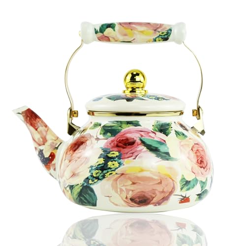 Leebright Floral Enamel Tea Kettle Vintage Gold Beige Teapot Beige Floral Boho Hot Water Coffee Kettle Pot 2.5L Porcelain Tea Pot with Ceramic Handle for Stovetop Kitchen Home Decor