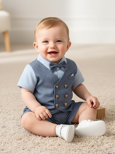 Image of Boarnseorl Baby Boys Shorts Sets, Infant Shirt+Shorts+Bow Tie+Vest,Toddler Gentleman Outfits Suits