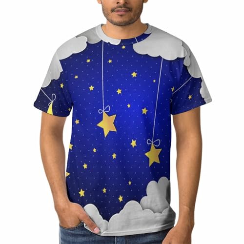 T-shirt col rond homme étoiles et nuages de lune manches courtes noir en coton confortable