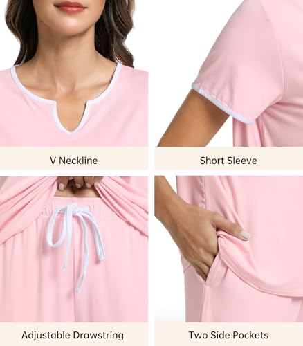 Image of NACHILA Women's Pajamas Set-Viscose Made from Bamboo,Short Sleeve Sleepwear Soft Pjs with Capri Pants Loose Loungewear
