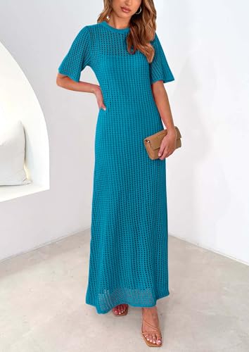 Image of PRETTYGARDEN Womens Eyelet Crochet Maxi 2 Piece Dress Sets | Knit Mesh Layered Two-Piece Dress, Short Sleeve Crew Neck Cover Up With Slip, Summer Resort Vacation Beach Hollow Out Dresses