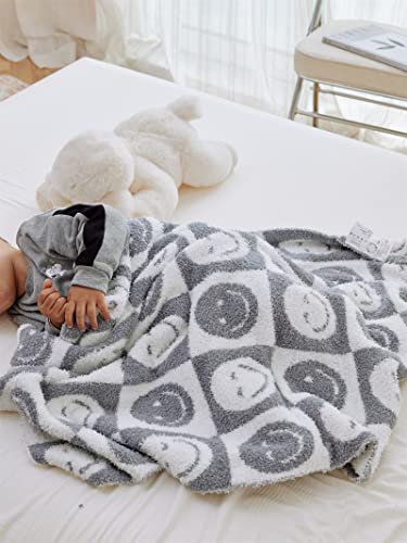 Image of YIRUIO with Smiley Face Checkerboard Throw Blankets Checkered Reversible Microfiber Super Soft Warm Cozy Fluffy Shaggy Blanket for Newborn Baby Nursery Stroller Kids (Slate Gray, 30" L x 40" W)