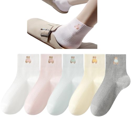 Dneqie Teddy Bear Womens Lightweight Crew Socks 98% Cotton Cute Embroidered Ribbed Preppy 5 Pairs Size 4-8(MultiColor 1 Medium)