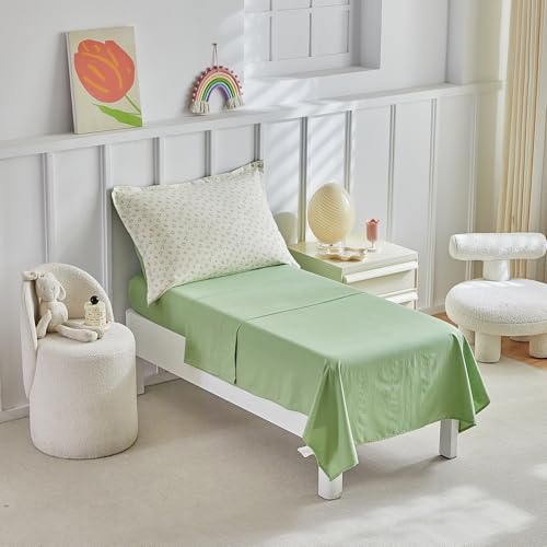 Image of DuShow Toddler Bedding Set for Girls and Boys,4 Piece Bed-in-a-Bag Toddler Comforter Sets,Green Floral Crib Bedding Sheets Set,Include Quilt Comforter,Flat Sheet,Fitted Sheet,Pillowcase