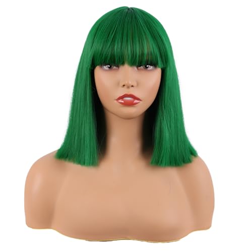 MapofBeauty 12 Inch/30 cm Straight Bob Flat Bangs Short Colorful Synthetic Hair Cosplay Party Wig (Grass Green)