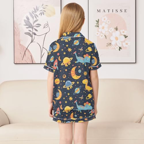 ALAZA Solar System Space Dinosaur Moon Satin Pajamas Set Short Sleeve Button Down Sleepwear Summer Pjs 2 Piece4