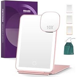 Mocado Travel Makeup Mirror with Light, 1x/10x Magnifying Mirror with Light | 5x7 Inches, Magnetic 10x Magnifying, 3 Colors Light, 0-100% Brightness Adjustable, Rechargeable, Memory Function (Rose Gold)