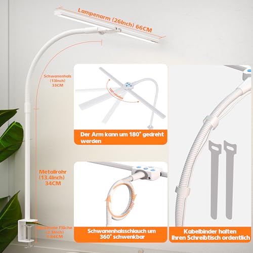 Doppelkopf Schreibtischlampe LED Dimmbar，1200 Lumen Schreibtischleuchte klemmbar mit 5 Farbtemperaturen und 5 Helligkeiten für Home Office，Augenschutz büro tischlampe mit Schwanenhals,Monitor Lampe
