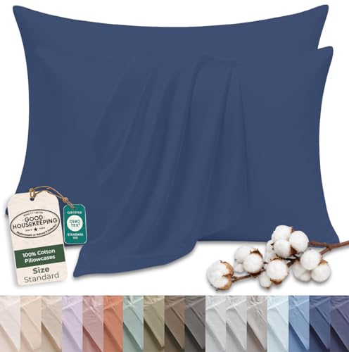 Image of Royale Linens 100% Cotton Pillow Cases Standard Size Set of 2 - Percale Pillowcase - Navy Pillow Cases Super Soft Cooling & Breathable Hotel Cotton Pillowcases, Fits Standard Pillows (20 inchx26 inch, Navy)