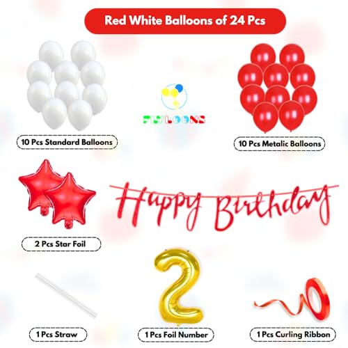 Image of Flyloons 2nd Happy Birthday Decoration Kit Red White for Baby Boys Girls Kids Twins With 20 Pcs Metallic Balloons Birthday Banner 2 Pcs Star Items Set
