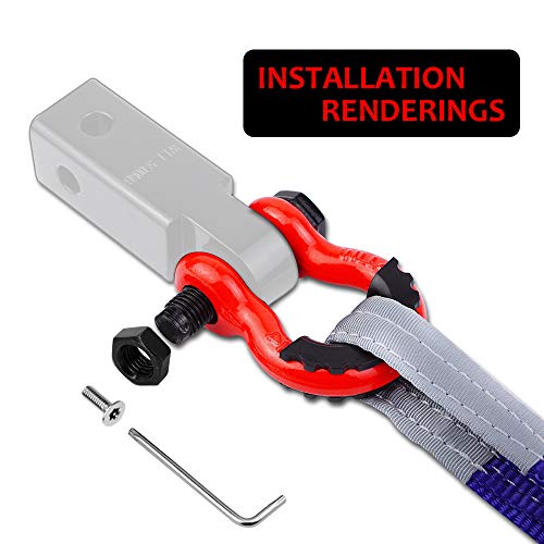 Ambull Shackles 3/4" D Ring Shackle (2 Pack) 45,000Lb Break Strength With 7/8" Pin, Anti Theft Security Screws, Isolator & Washer Kits For Use With Tow Strap Winch Truck Vehicle Recovery, Red #TOP6