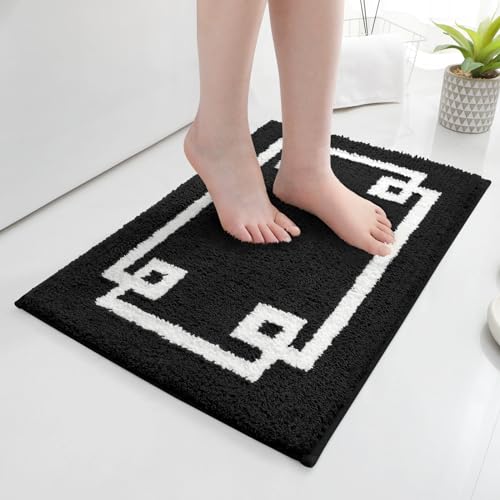 HOMEIDEAS Bathroom Rug, Soft and Water Absorbent Bath Mat, Non-Slip Fluffy Plush Microfiber Carpet for Tub and Shower (Black and White, 16x24)