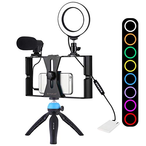 PULUZ Mobile Phone Video Recording Live Broadcast Equipment Kit with Microphone, Ring LED Selfie Light, Adapter Bracket, Tripod. (Blue)