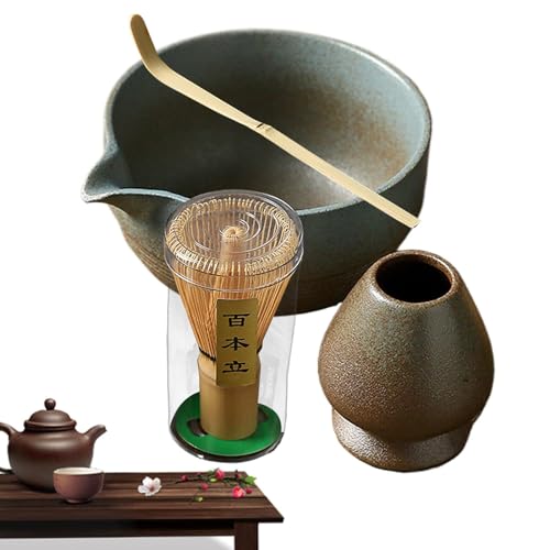 BinZyronic 抹茶セット セラミック茶碗付き ? 注ぎ口付きボウルと泡立て器 スプーン収納ホルダー付き 家庭用 (青)