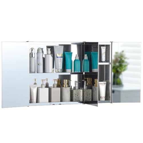 Home Discount Bath Vida Tiano-Armario de baño con Triple Espejo montado en la Pared de Acero Inoxidable Moderno, Silver, H 45 x W 68 x D 13 cm Approx - imagen 9