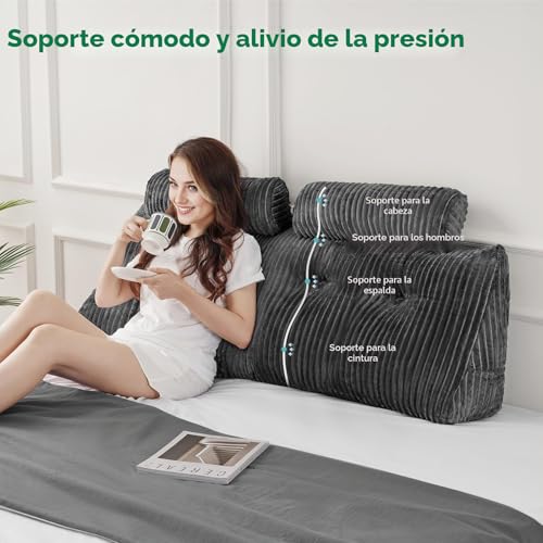 Miniatura 2 de Z-Hom Cojín Para Libros, Cuña, Cojín De Lectura Para Cama Y Sofá, Cojín De Espalda, Práctico Compartimento Lateral, Cubierta Extraíble, Con Almohada Redonda Gris, 120 50 20cm