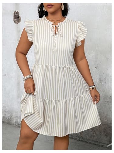 Image of Floerns Women's Plus Size Striped Tie Neck Dress Ruffle Cap Sleeve Short Tiered Dresses