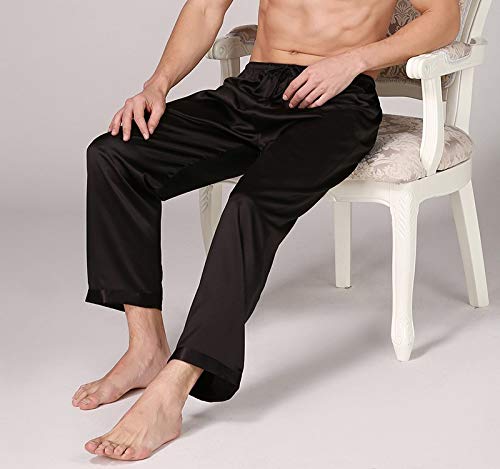 Men's Silk Satin Pajama Bottoms Pants Sleep Soft Long Classic Pajama Trousers Solid Lounging Pants Black XL3