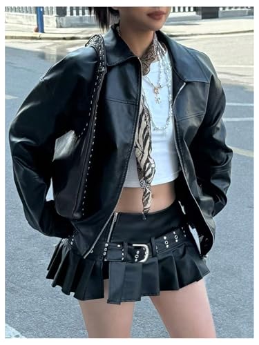 GORGLITTER Women's Oversized Leather Jackets Fashion Motorcycle Coats y2K Winter Outfits3