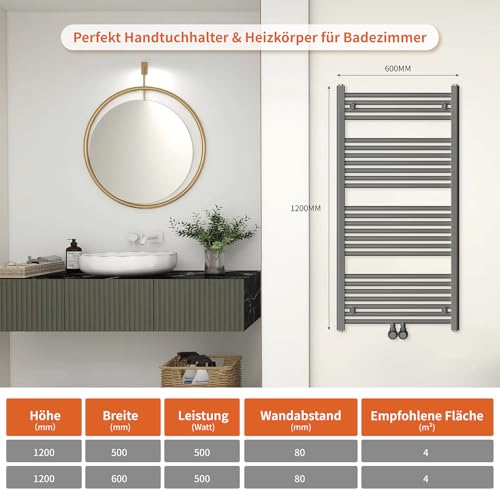 KESANITAR Badheizkörper Mittelanschluss 1200x600 mm, 600W Handtuchheizkörper & Handtuchtrockner, Einfach Installation Bad Heizkörper Handtuchwärmer, Ideal Badezimmer Handtuchhalter Heizung, Grau