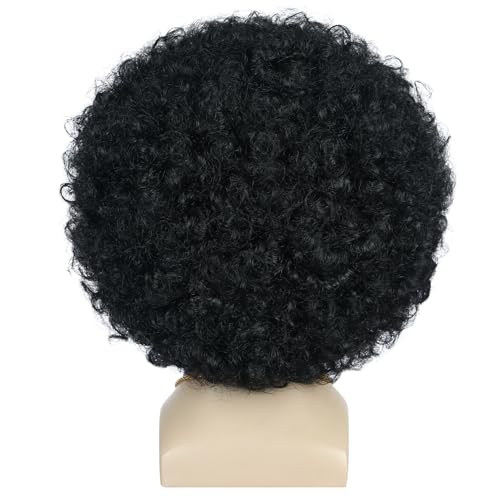 Yuehong Short Black Curly Fluffy 70s Afro Wig 80s Disco Rocker Wig Heat Resistant Synthetic Fibers Durable Breathable Costume Hair for Unisex with Mustache Necklace and Glasses - Image 5