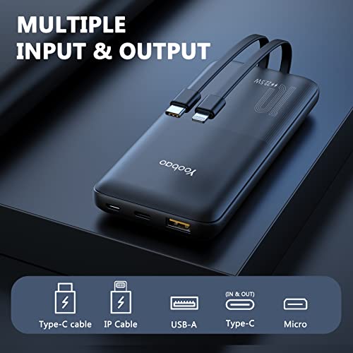 Yoobao Portable Charger With Built-In Cables, Pd 20W Fast Charging Usb C Power Bank With 4 Outputs, 10000Mah Ultra Slim External Battery Pack For Iphone/Ipad/Samsung/Tablet & More - 1 Pack (Black) #TOP3