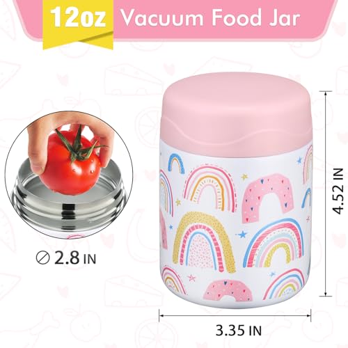 wiwens 12oz Soup Thermo for Hot Food Kids Insulated Food Jar Wide Mouth Lunch Container Leak Proof Stainless Steel Vacuum Bento Box for School Office Travel Outdoors White-Rainbow