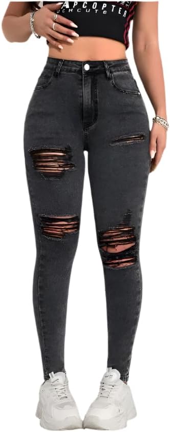 High Waist Ladder Distressed Skinny Jeans for Women – Ripped Casual Denim with Stretch Fabric